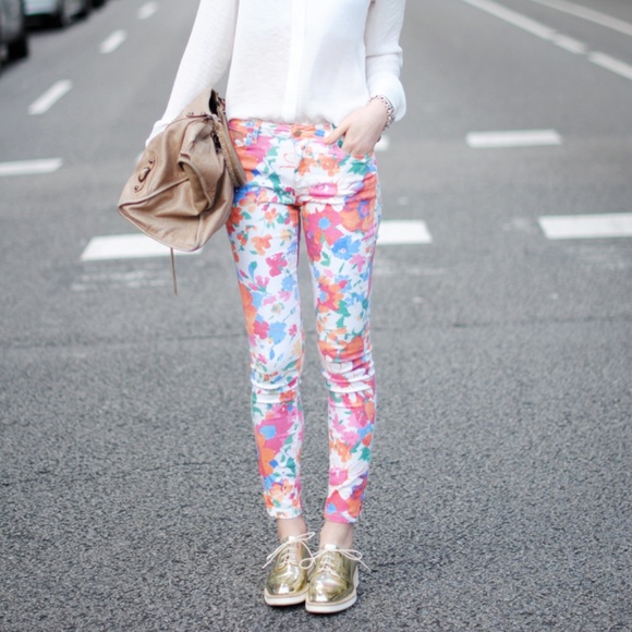 Zara Denim - Zara Floral Jean Skinny Zipper Ankle Mid R…